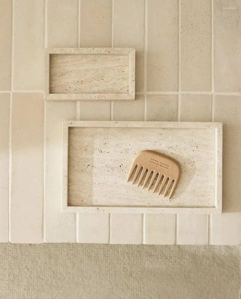 Decoratieve beeldjes Aangepaste groothandel Wabi-Sabi Style Travertine Beige Marmeren Stone Tray rechthoekig badkamer ornament