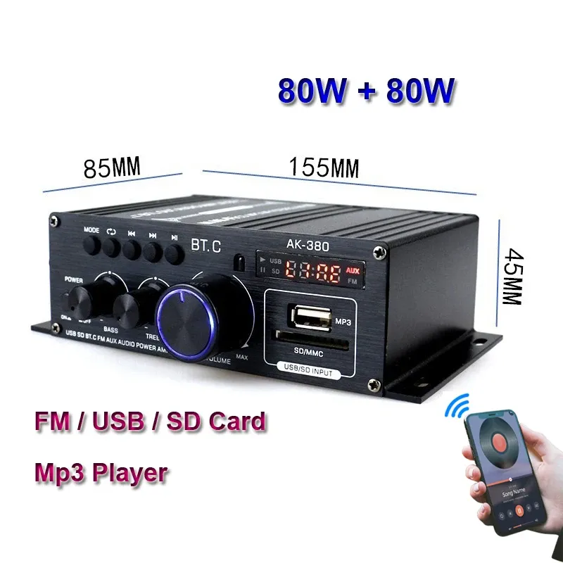 Amplifier 2*80W FM Radio Mp3 Player Audio BluetoothCompatible Power Amplifier Stereo Equalizer HiFi Class D Digital Mp3 Decoder Music AMP