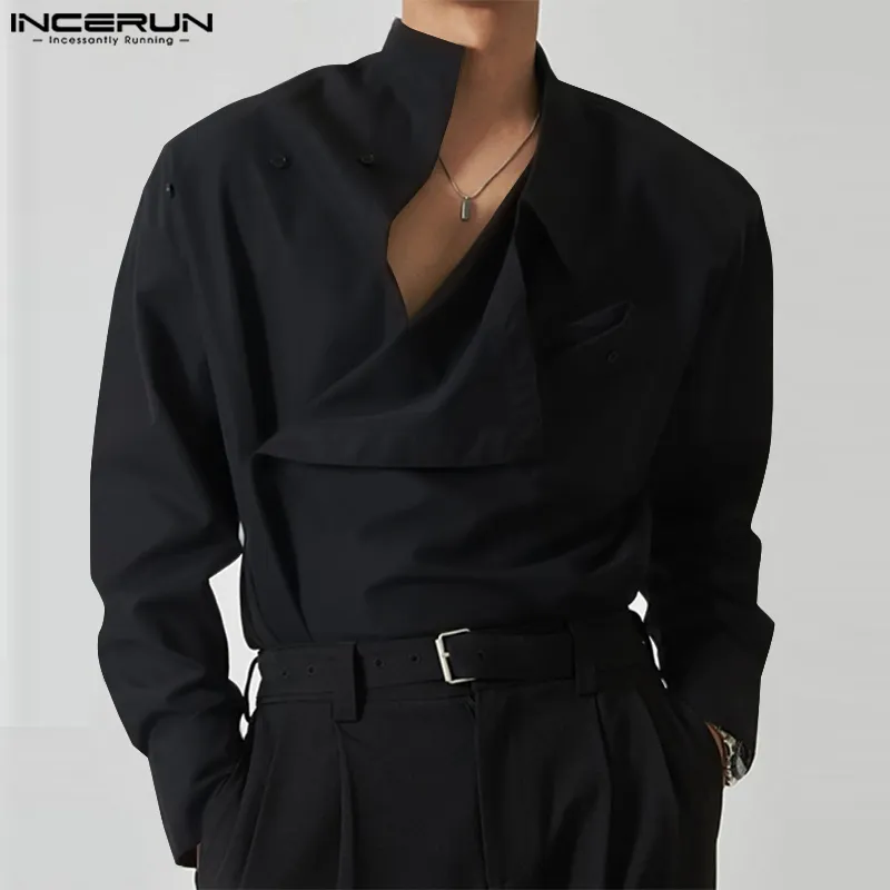 Casual Simple Style Tops INCERUN New Mens Diagonal Placket Solid Simple All-matcg Blouse Handsome Male Long Sleeved Shirts S-5XL