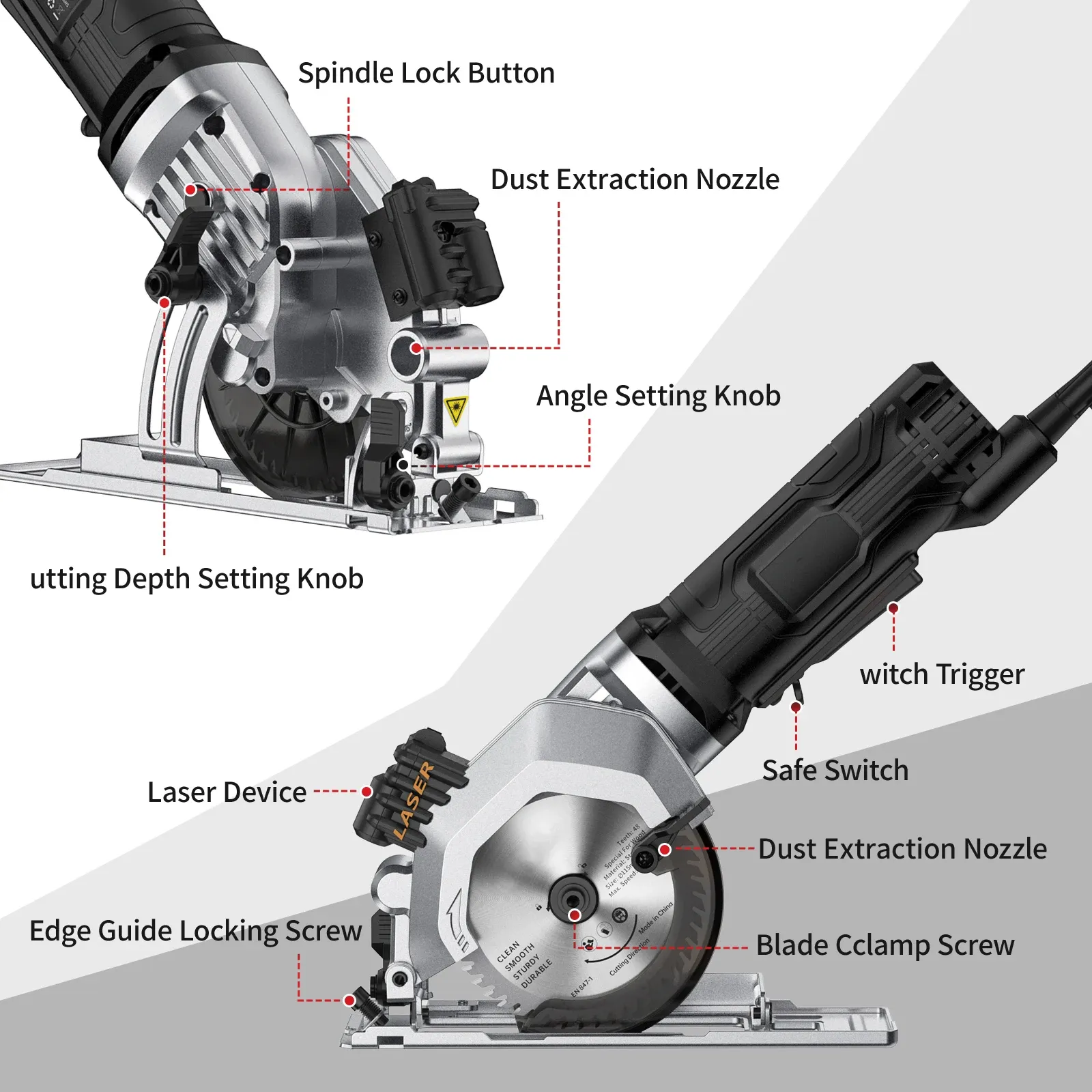 Mini scie circulaire électrique 4-1 / 2 pouces Saw circulaire 3500 tr / min avec guide de coupe laser pour les carreaux de bois et les coupes en plastique