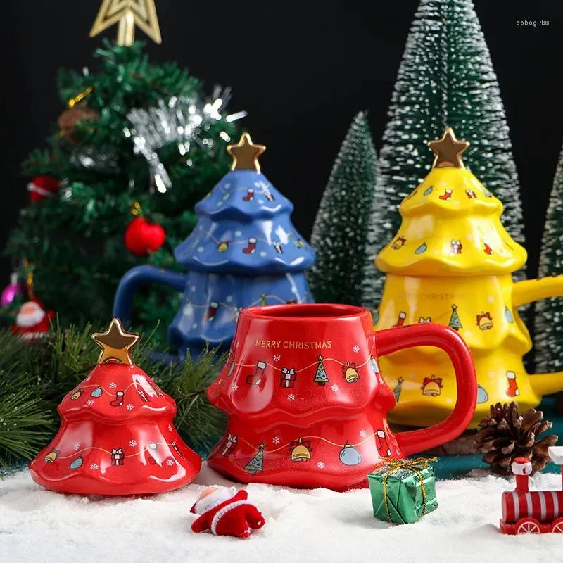 Tasses créatives de sapin de Noël Cup XMS Cadeau en céramique vitrée Cartoon Milk Tasse de thé au café 3D Drinkware décoratif