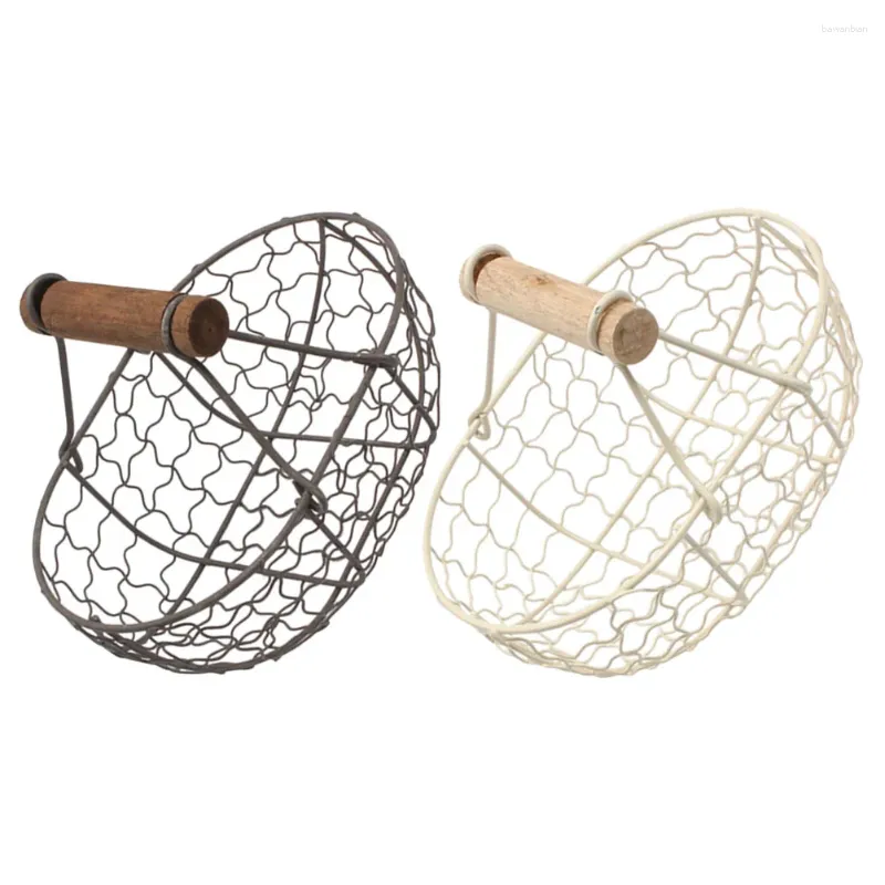 Storage Bottles 2 Pcs Shopping Basket Wooden Handle Home Decor Wire Convenient Egg Iron Eggs Baskets Tabletop