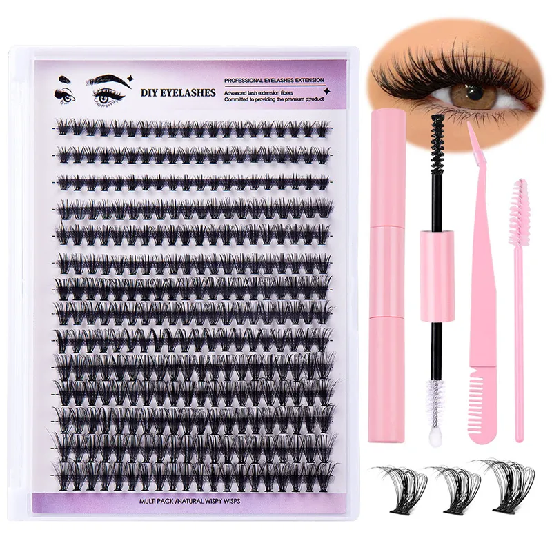 280 pcs Different sizes stable Segmented D curl 30 P DIY Eyelashes 2 in 1 Double head Glue Lash extention kits