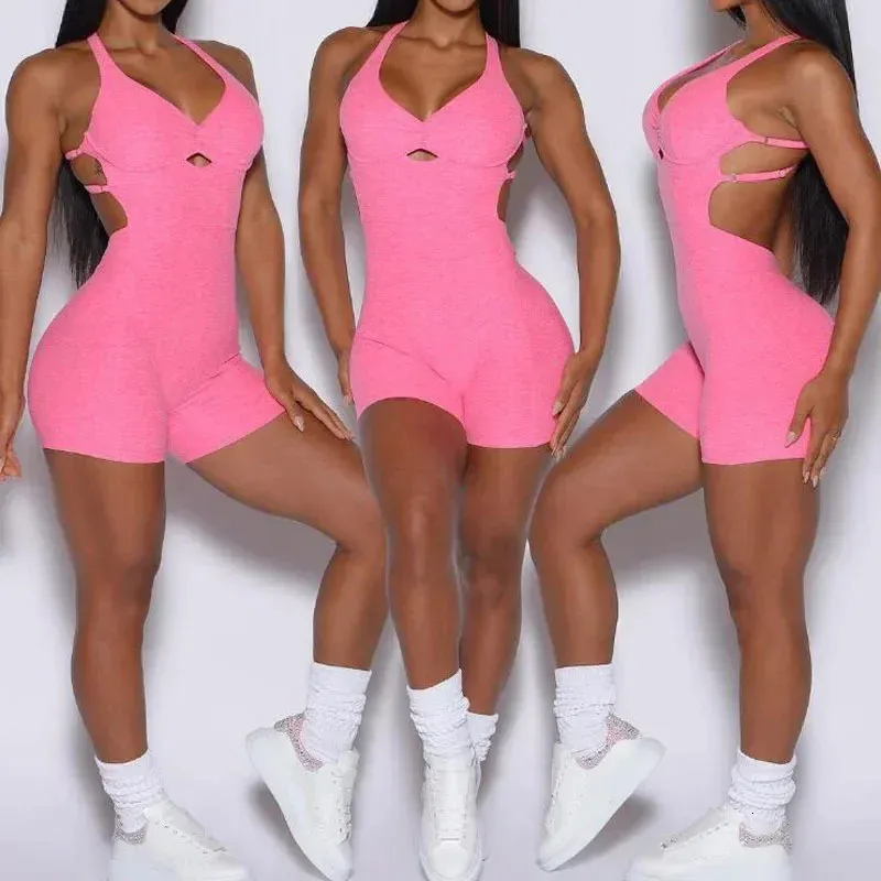 Sexy Female Short Jumpsuit Fancy Bodysuit One Pieces Romper Gym Fitness Overalls Mono Playsuits Lycra Woman Clothing Pink Body 240409