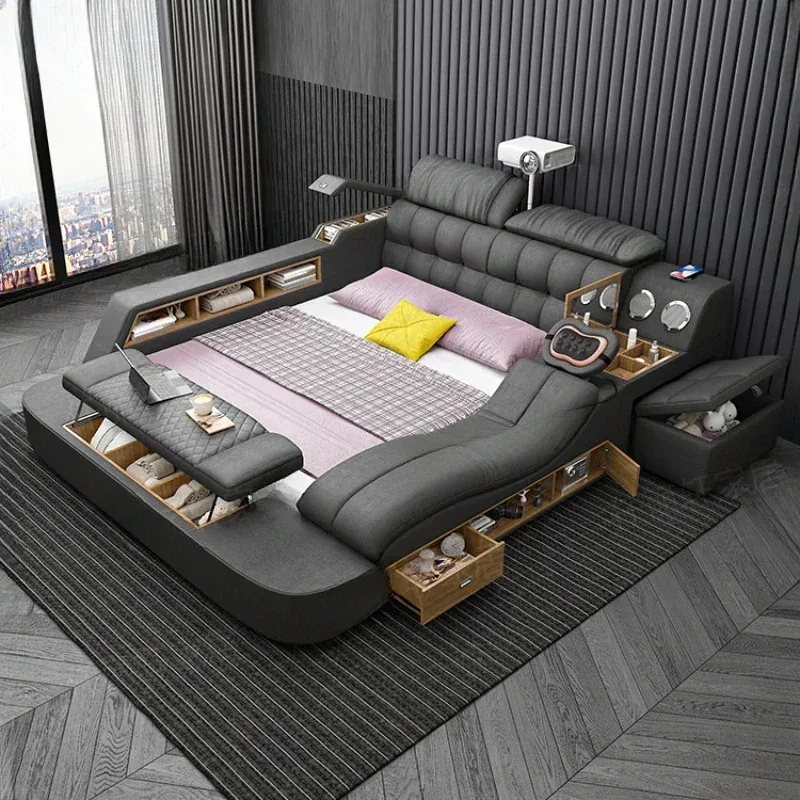 Modern White Leather Platform Storage Bed Multifunctional 2024 Nordic Designer Bed Frame
