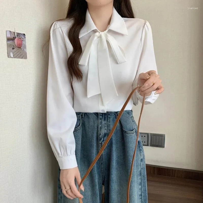 Women's Blouses Spring Autumn Solid Color Fashion Long Sleeve Shirt Women POLO Collar Lacing Bow Patchwork Button Cardigan Elegant All-match