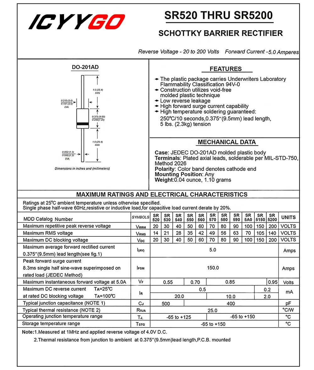 20 PCS SB540 SR540 DO-27 SCHOTTKY BARRRIERTIFIFIGER DIODES 5A 40V DO-201AL DO-27 AXIAL 5 AMP 40 Volt SB SR 540