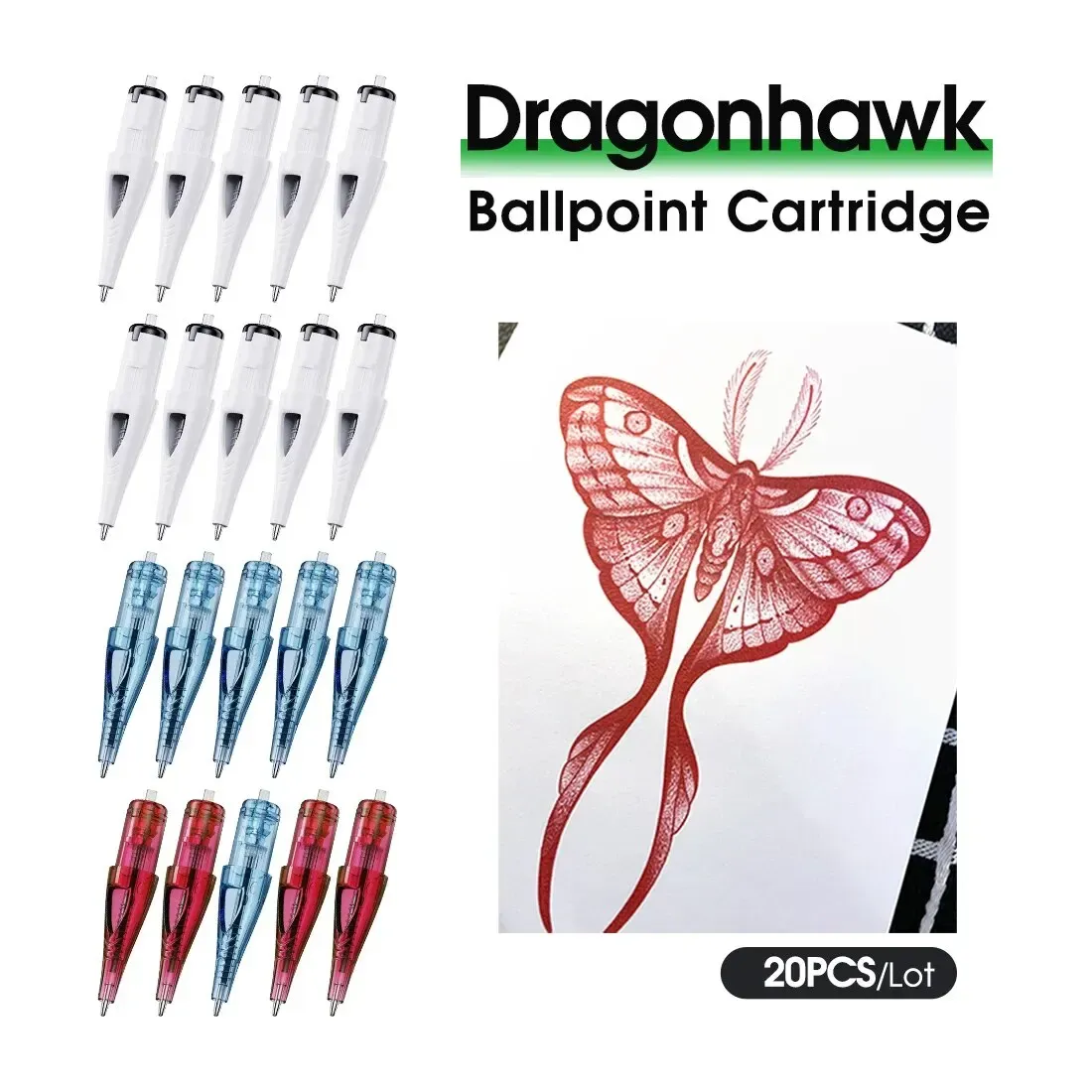 20pcs Multicolor Dragonhawk Ballpoint Tattoo Cartridge Needles 10 Black 6 Blue 4 Red for Beginners and Designer Tattoo Practice