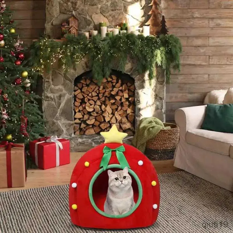 Cat Beds Furniture Christmas Dog Cat Bed House Christmas Tree Shape Pet Cat Home Warm Sleeping Nest Dog Cat Soft Warm Removable Kennel Pet Supplies