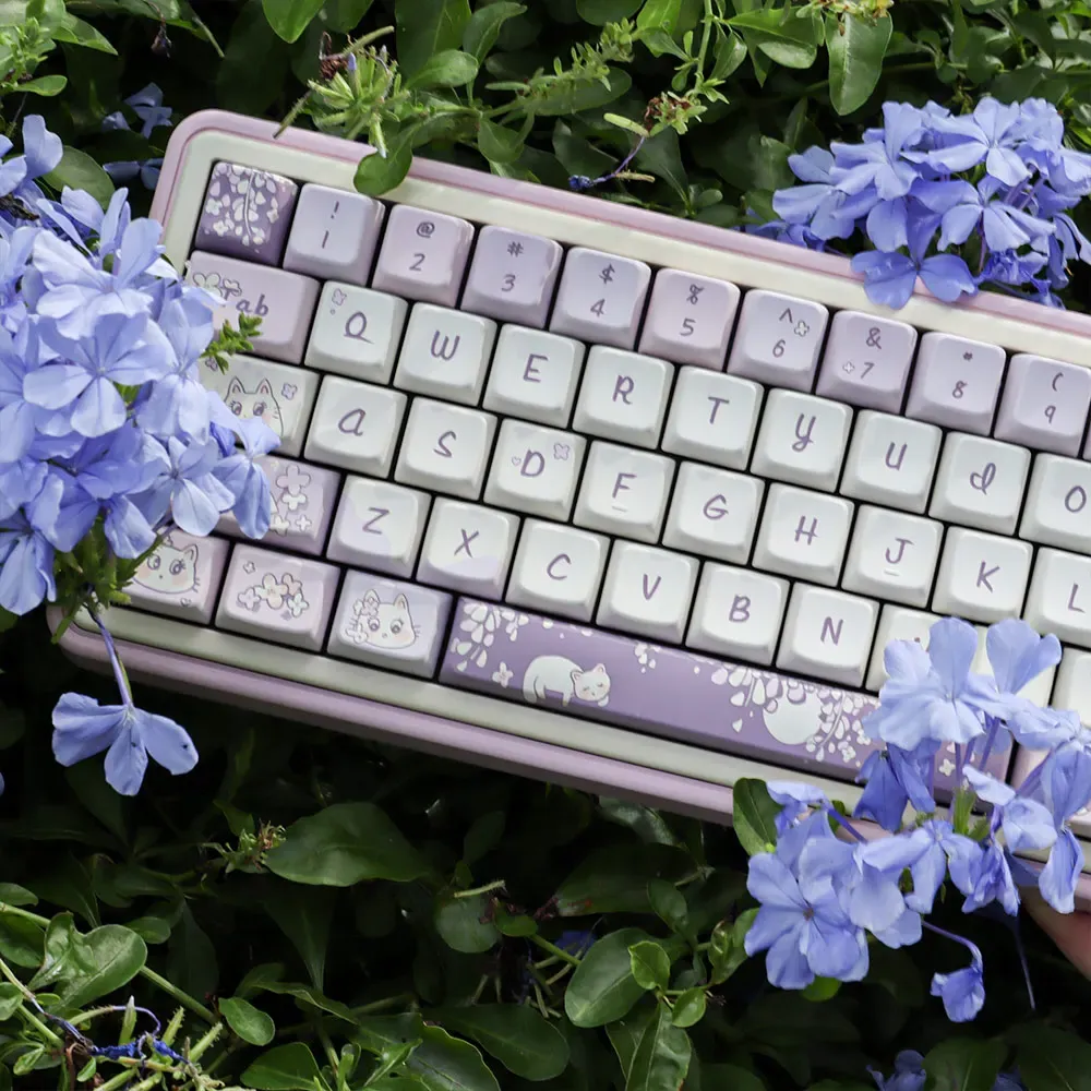 Accessories 151Keys Purple White Cartoon Cat MAD PBT Keycaps With 5sided Dye Sublimation For 61/64/68/84/75/87/96/104 Mechanical Keyboard