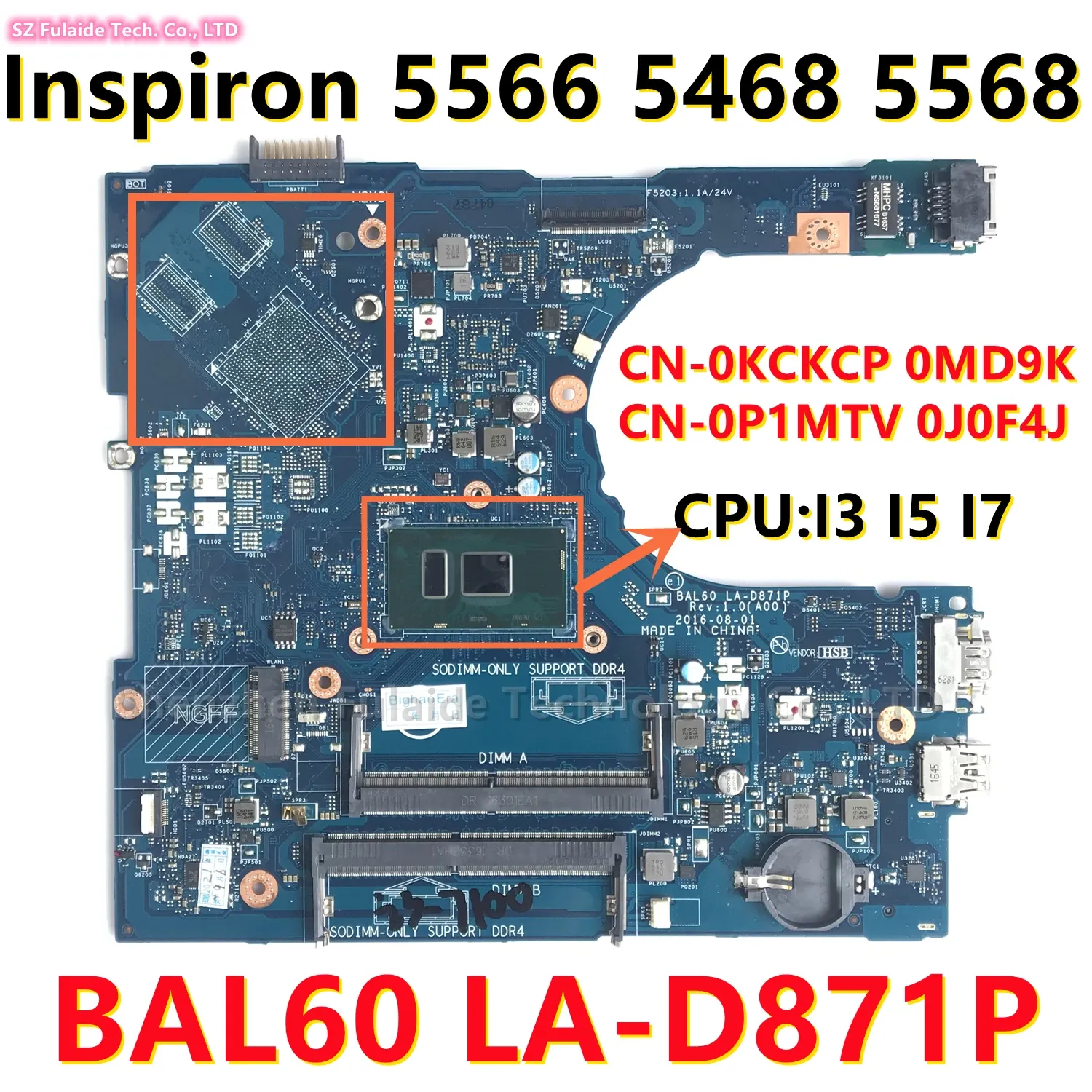 Moderkort Bal60 LAD871P för Dell Inspiron 5566 5468 5568 Laptop Motherboard Core i3 i5 i7 CPU CN0KCKCP 0MD9K 0P1MTV 0J0F4J 100% Test OK