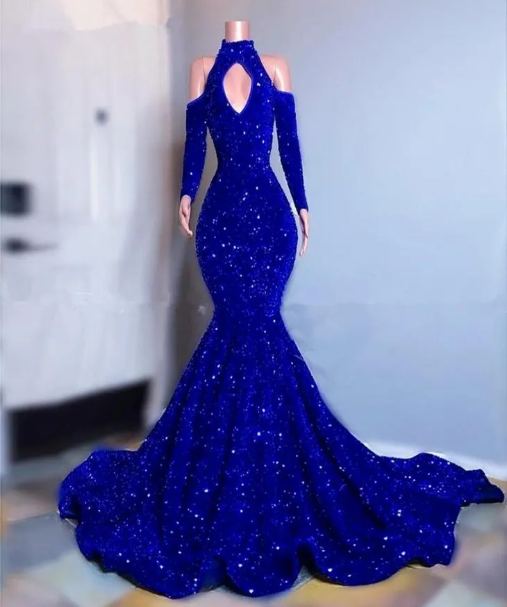 Artı boyutu kraliyet mavisi payetler denizkızı balo elbiseleri zarif uzun kollu gece önlükleri omuz kadınları resmi elbise bc97438527349