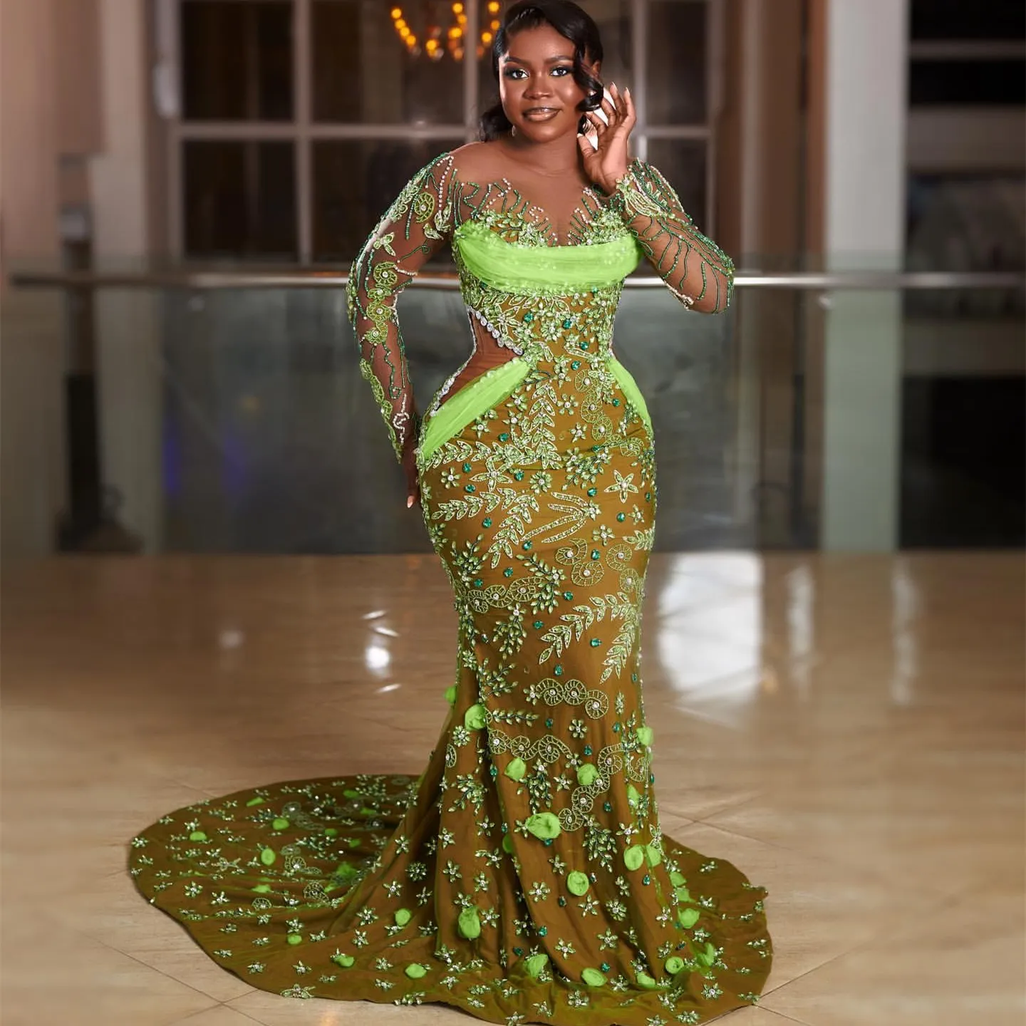 Illusion Mint Beaded Crystal Aso Ebi Green Sparkly Prom Dress For Luxurious Evening Formal Party