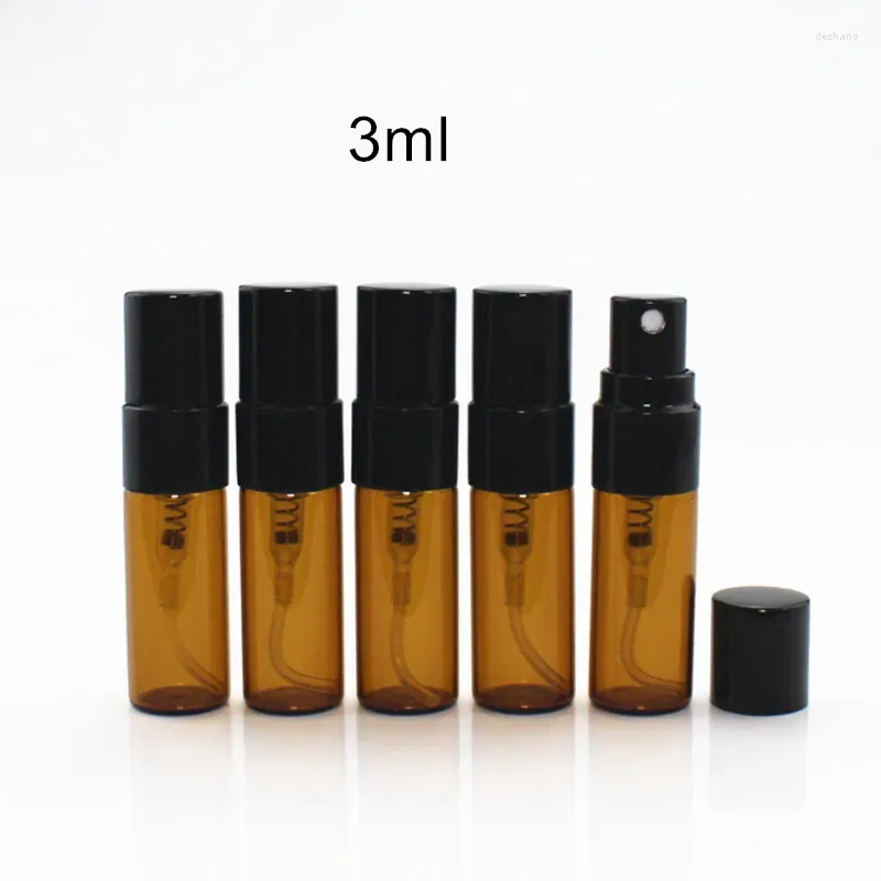 Speicherflaschen 50pcs/Los 3ml Bernsteinglas Parfüm Sprühflasche leer Parfum Atomizer Tragbare Reiseprobe Fläschchen mit schwarzer Pumpe