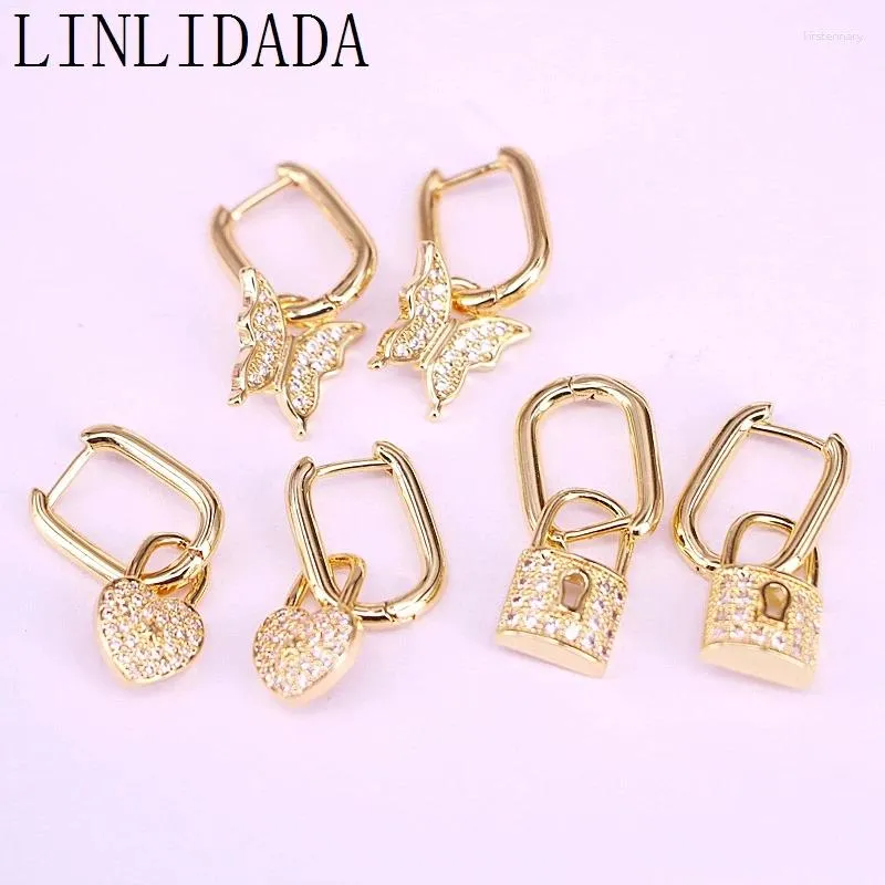 Dingle örhängen 5pair 2024 anlände guldfärger Micro Pave Cz Söt Lovey Lock Butterfly Heart Charm Hoop Earring