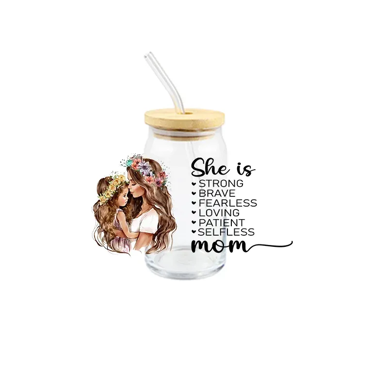 Mother's Day UV DTF Cup Wraps Transfer Stickers For Glass Bottles Mugs Romantic Decals Waterproof Adhesive Wholesale Custom