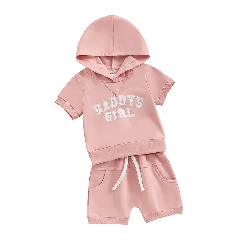 Toddler Baby Boy Girl Summer Turnits Letter Imprimé T-shirt à capuche à manches courtes Sense de vêtements Solid Short Solid Short 2pcs