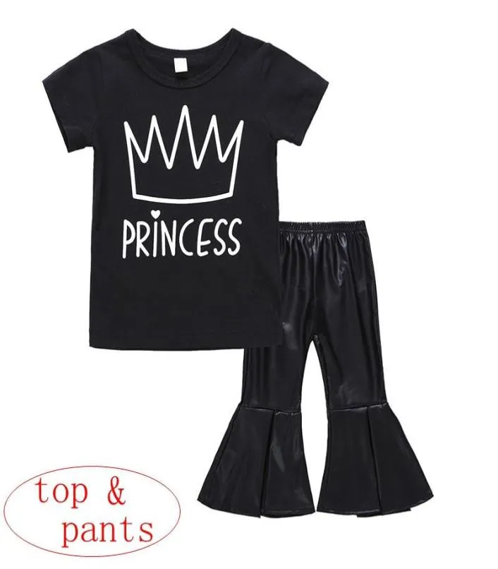 Girl Crown Print 2pcs Set Summer Cotton Black Tops Baby Pu Leather Bellbottom Pantalon Princess Letter Print 15T5916948