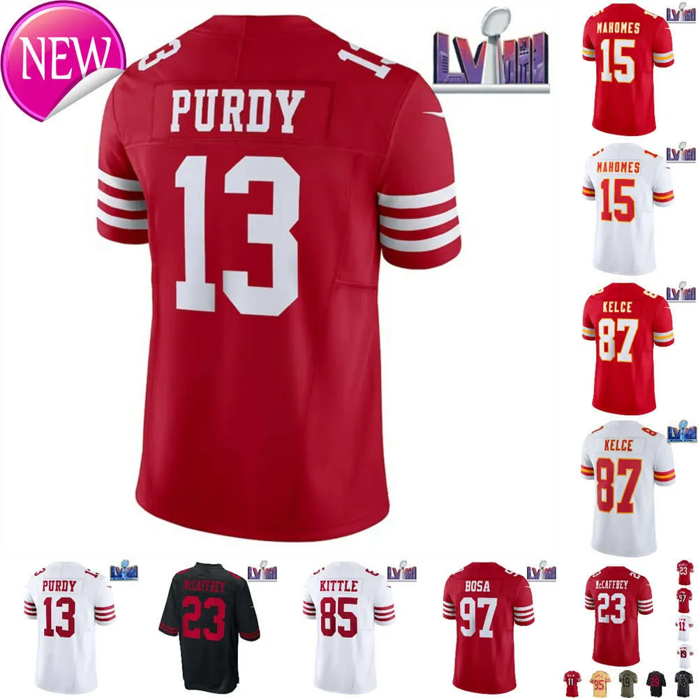 2024 Atacado masculino Christian Brock Patrick Purdy George Jersey Tamanho Nick Travis McCaffrey Fred Mahomes Kelce Bosa Kittle Warner All Stitched Jerseys 4xl