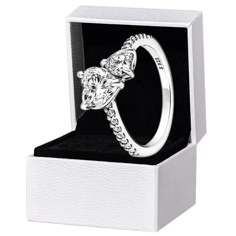 Nieuwe aankomst dubbele hart mousserende ring solide 925 zilveren vrouwen vriendin cadeau sieraden voor minnaar cz diamant p merk vinger nagelringen met originele doos set