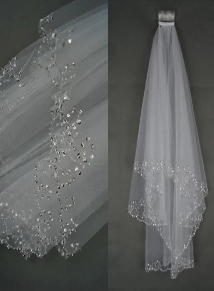 Marfim de marfim branco de duas camadas véu de casamento lantejoulas de tule tule bordado véu de noiva Acessórios para cabelo com comb4347204