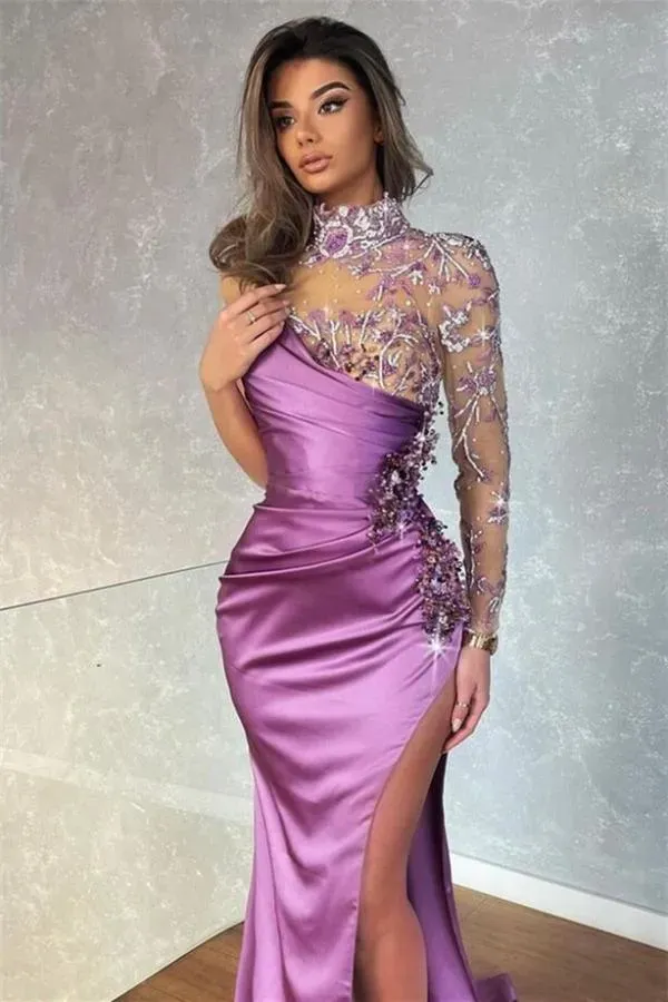 Purple Sheer High Neck Satin Mermaid Prom Dresses Long Sleeves Applique Beaded High Split Formal Party Evening Gowns BC14910