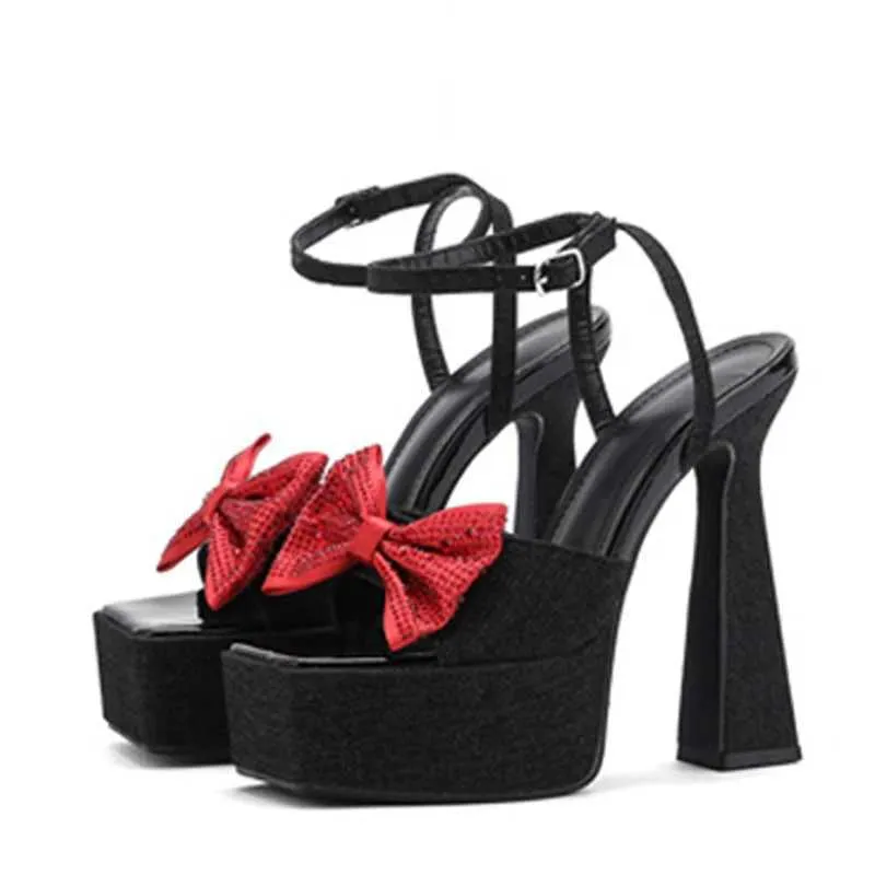 Chaussures habillées liyke 2024 Nouveau noir bleu femme sexy 14cm talons hauts plate-forme sandales mode cristal papillon