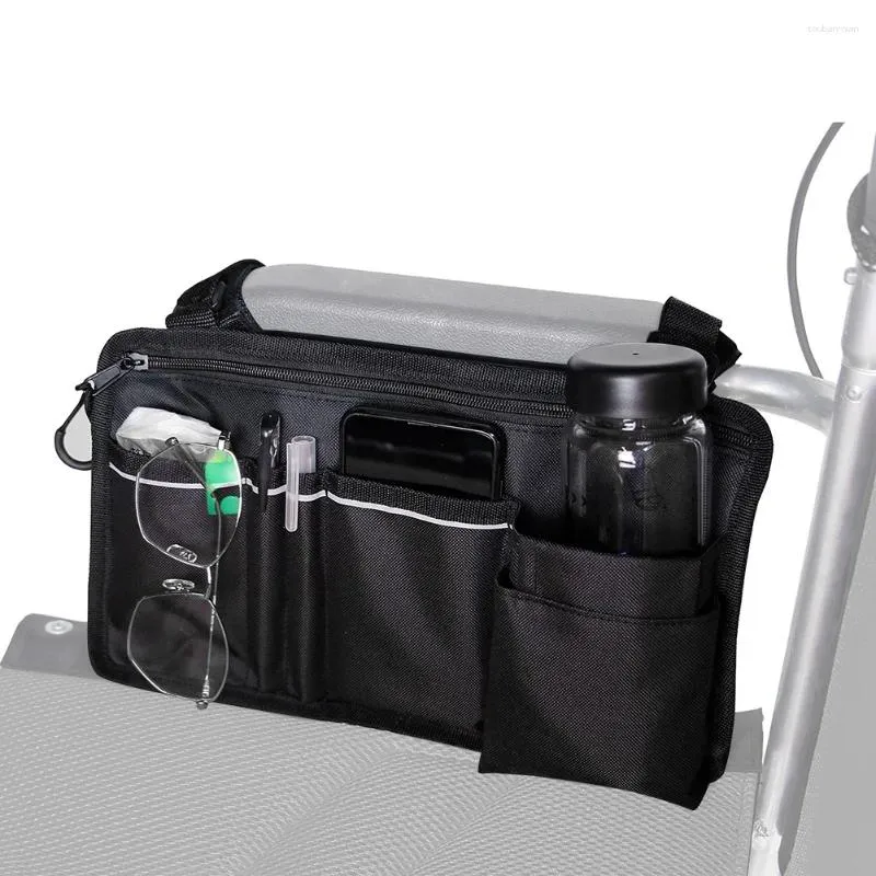 Bolsas de armazenamento bolsa de apoio de saco lateral de cadeira de rodas com 5 bolso de copo de copo Reflexivo Faixa para rolador Rolador