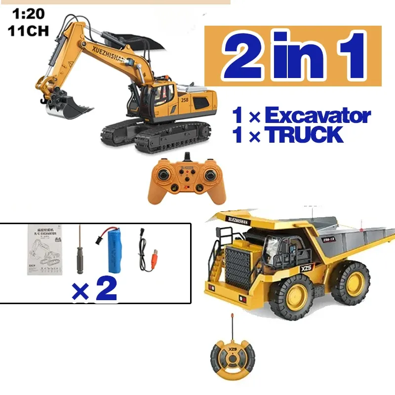 2.4G 11 Channels RC Excavator Dump Bulldozer Cart Trucks Bulldozer Alloy Vehicle Remote Control Car Excavator Gift Toy for Boy