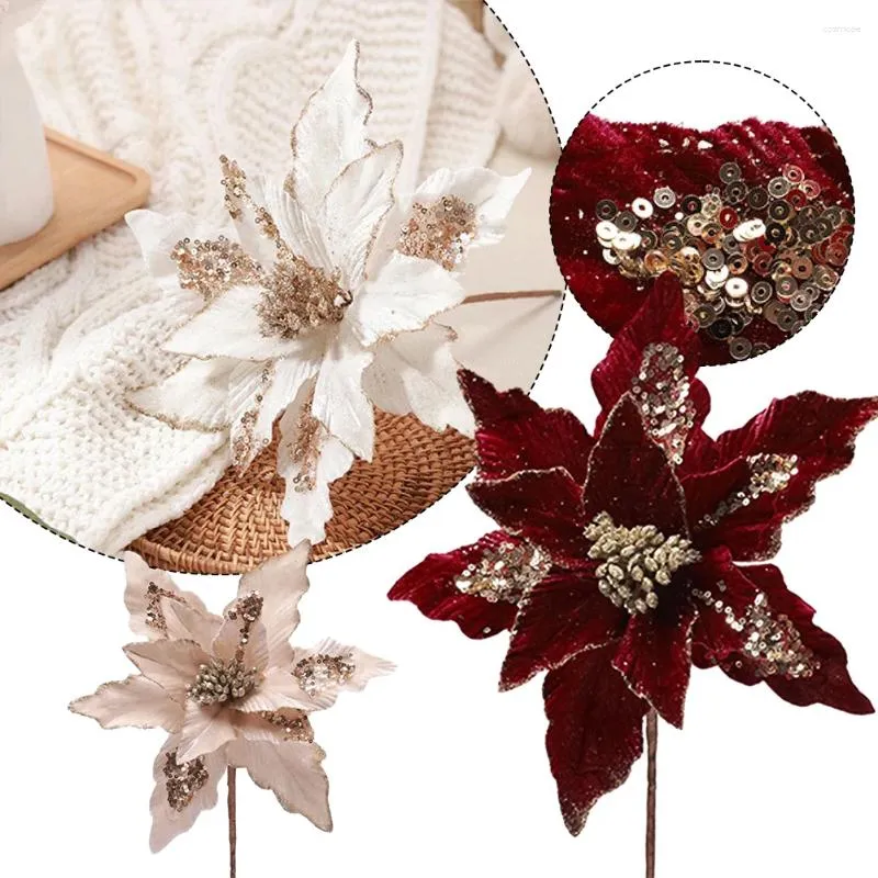 Flores decorativas 28 cm de natal artificial veludo penteado pó de flor flor -flor árvore pendurada em casa Navidad Gifts Ano de festa decoração