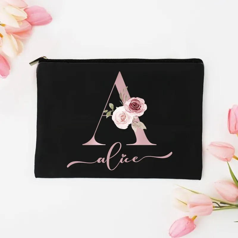 Personalized Custom Initial Name Makeup Bag Bridal Cosmetic Case Canvas Bridesmaid Monogram Toiletry Pouch Holiday Gifts for Her