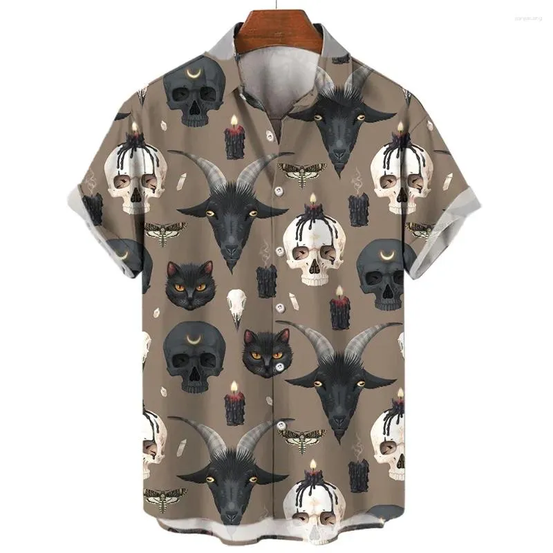 Mäns casual skjortor 2024 Halloween bullcat fancy pussel skjorta 3d tryckt trendig cool mode hawaiian strandparty topp lös kort