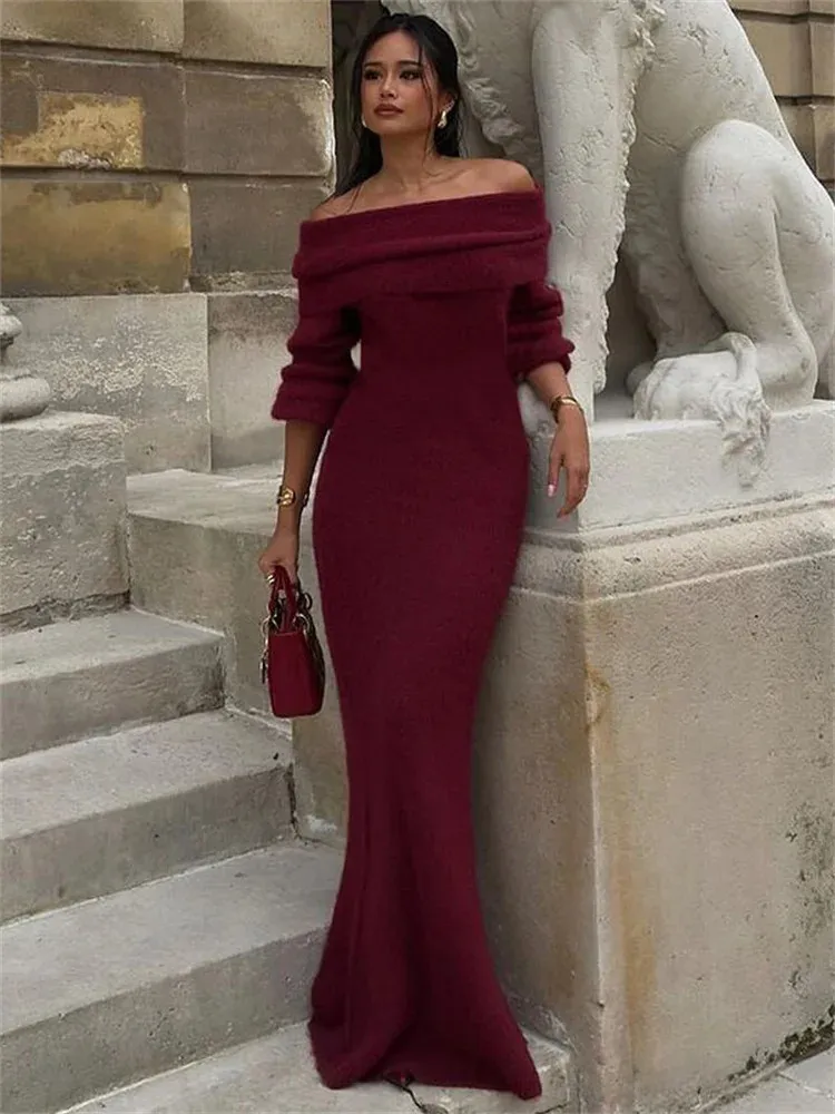 Save Big on Bulk Loose Knitted Sweater Dress Tossy Winter Knitwear Sweater  Long Dress For Women Off Shoulder Loose High Waist Slim Elegant Fashion ...