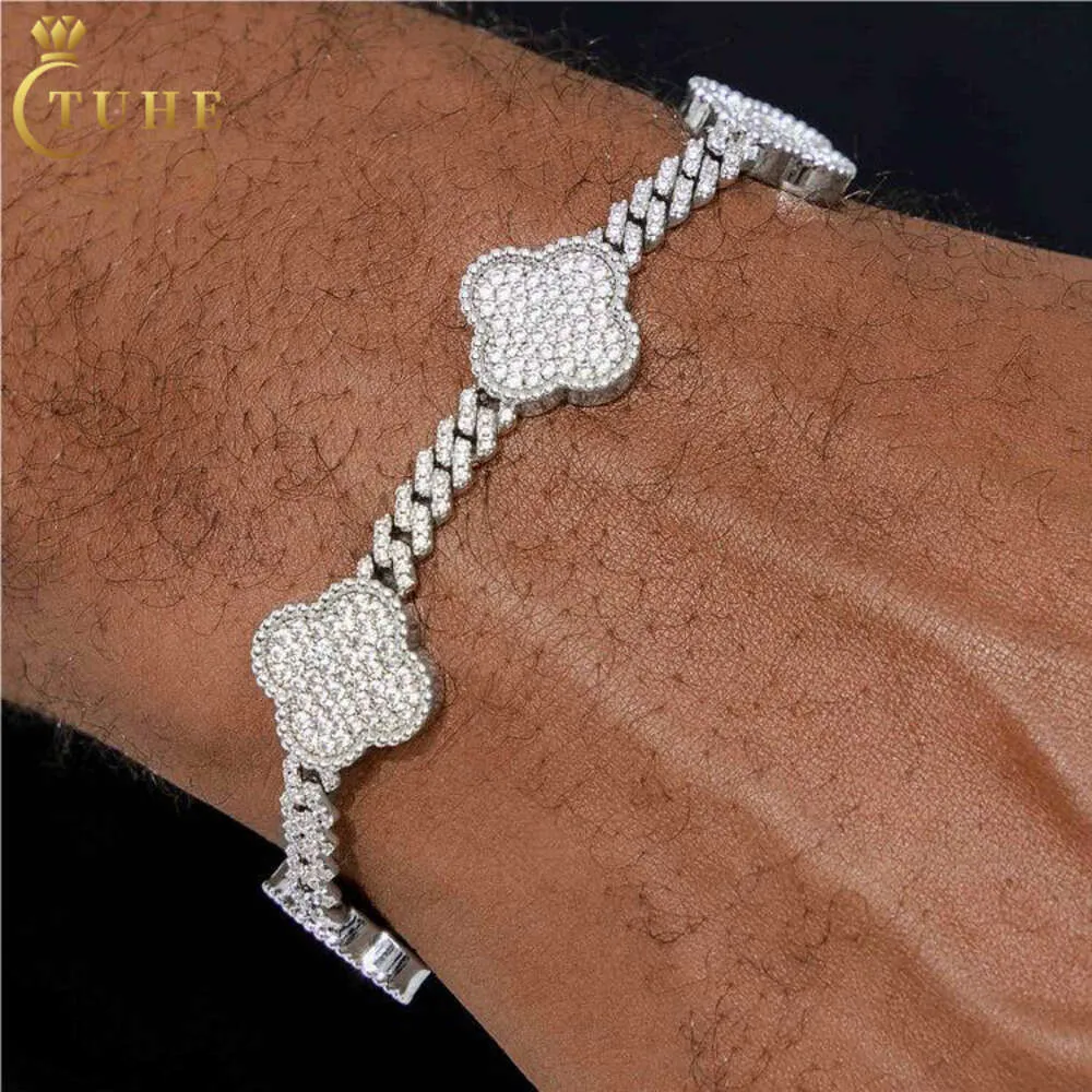 Iced Out Clover Cuban Link Bracelet: 6mm Sterling Silver VVS