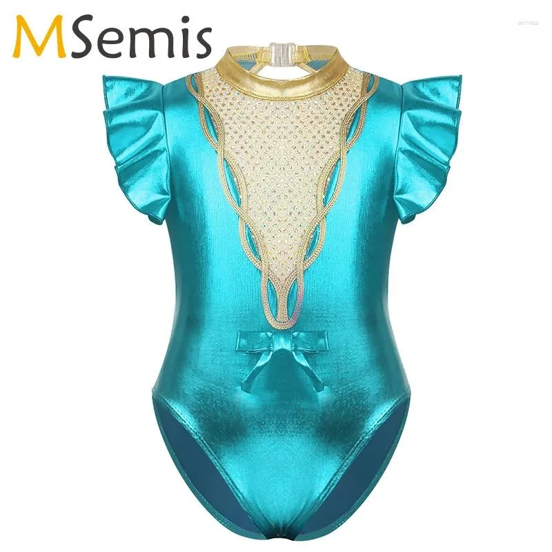 Sahne Giyim Kızlar Bale Elbise Jimnastik Sden Cadılar Bayramı Şovmen Kısa Çarşamba Sleeves Metalik Işıltılı Sequins Anahtar Deliği Arka Seyrekler