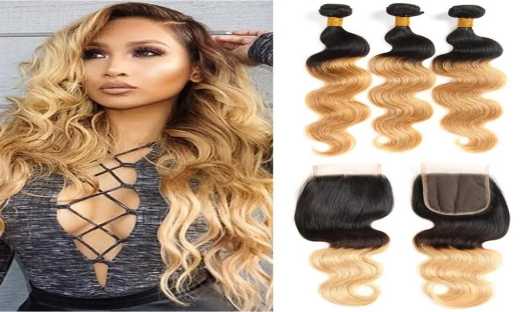 T 1B 27 Dark Root Honey Blonde Body Wave Ombre Human Hair Weave 3 Bunds med spetsstängning Brasilianska jungfruliga hårförlängningar Weft67502772