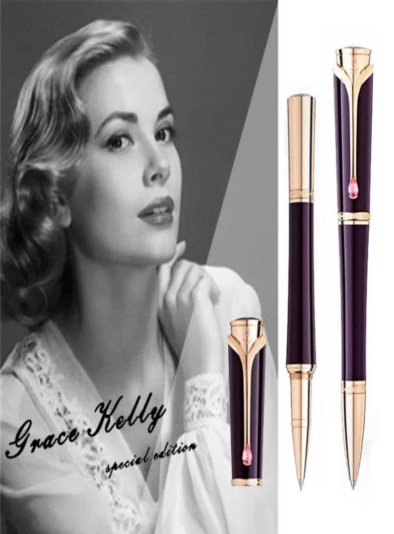 Grace Kelly Dark Purple Rollerball Ballpoint Pen With Teardrop Shape Diamond Stone Clip Writing Smooth Great Actress7753701