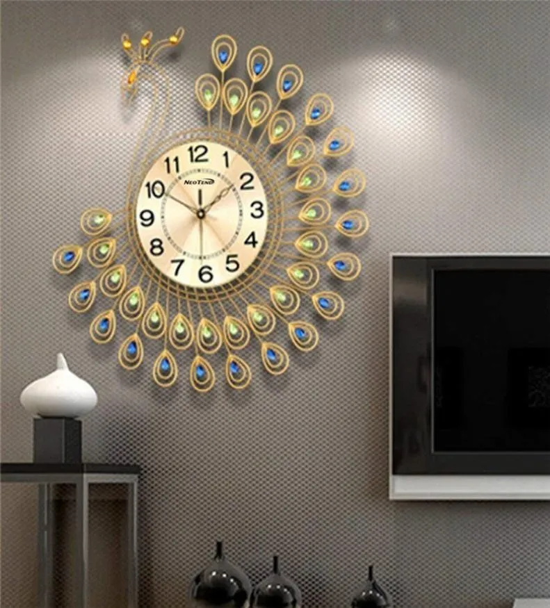 Stor 3D Gold Diamond Peacock Ilent Modern Wall Clock Metal Watch for Home Living Room Decoration Diy Clocks Crafts Ornament Gift3520746