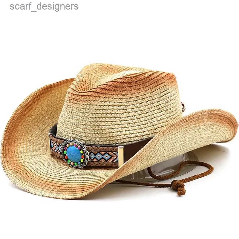 Brede rand hoeden emmer hoeden nieuwe cowboy hoed panama stro hoed zomerturquoise lint vrouwen mannen brede riem strand zon cap UV bescherming jazz fedora hoed y240409