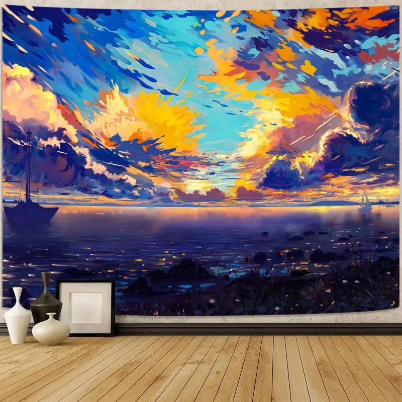 Arazzi Anime Scenery Abete Art Painting Sunset Cloud Sky Lake Orange and Blue Aesthetic for Bedroom Soglomy
