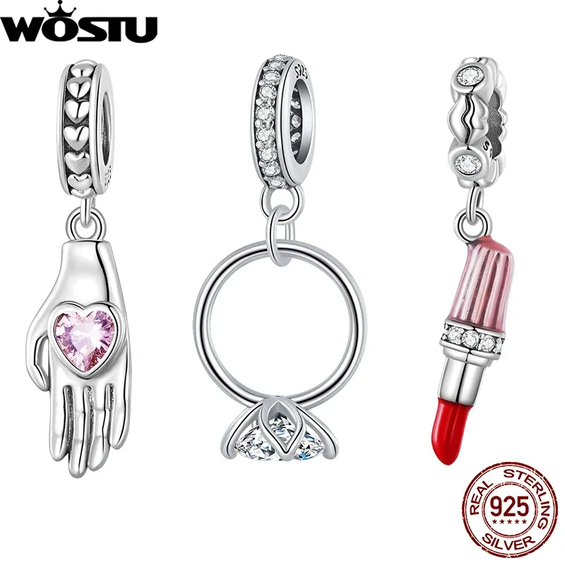 Wostu 925 Sterling Silver Lotus Ring Lipstick Pendant Pink Heart Palm Hanging Bead Fit Original Armband Dangle Jewelry Making