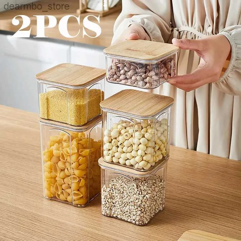 フードジャーキャニスター2PCSペットプラスチック食品ストレアコンテナ竹の密閉瓶麺ボックスマルチレインタンクボトルドライフルーツティーボックスL49