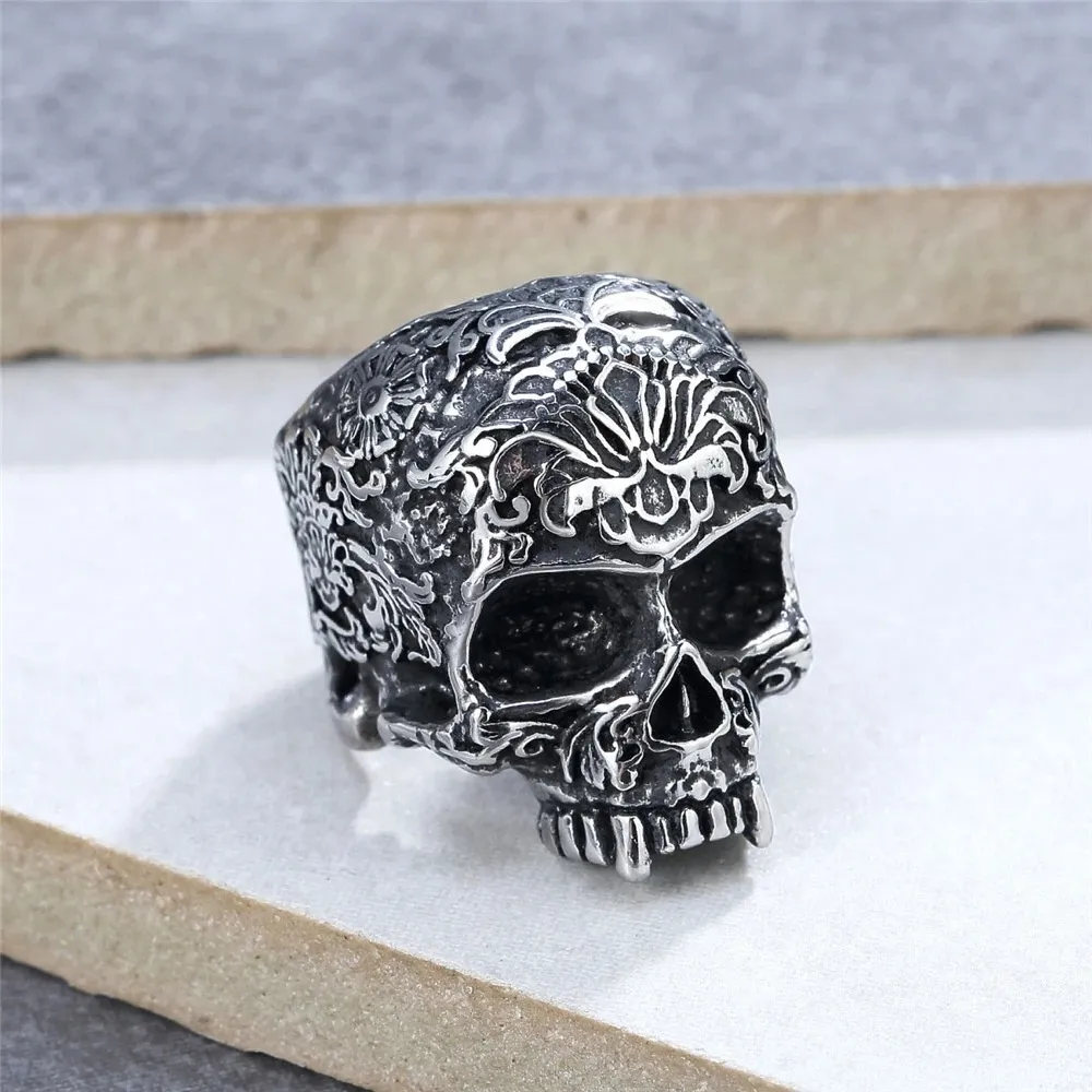 Gothic Flower Stamp Skull Ring For Men Punk 14k Gold Skull Ring Men and Women Devil Diable Skull Biker Ring