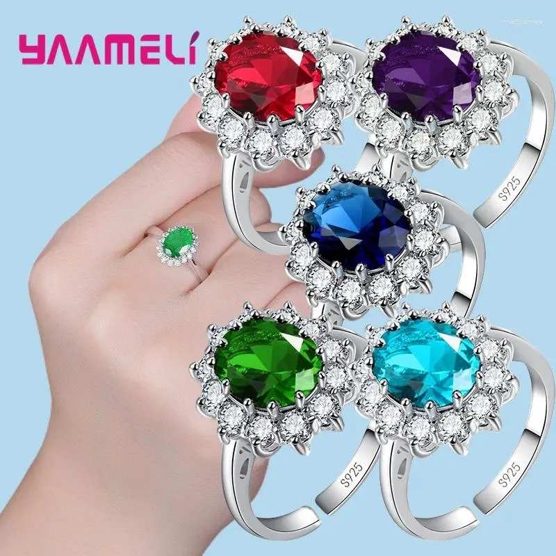 Cluster Anneaux Authentiques 925 Couleur argentée sterling Femmes Femme Bijoux de mariage Blancherie classique Fleur ovale Crystal de zircon cubique bric