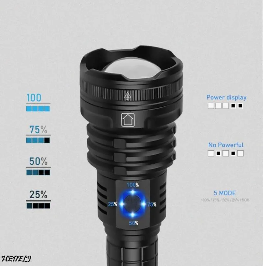 Super Bright 90 أقوى LED Torch 902 Tractical Traslights Zoom USB Reconable 18650 Hunting Lanterna7632806