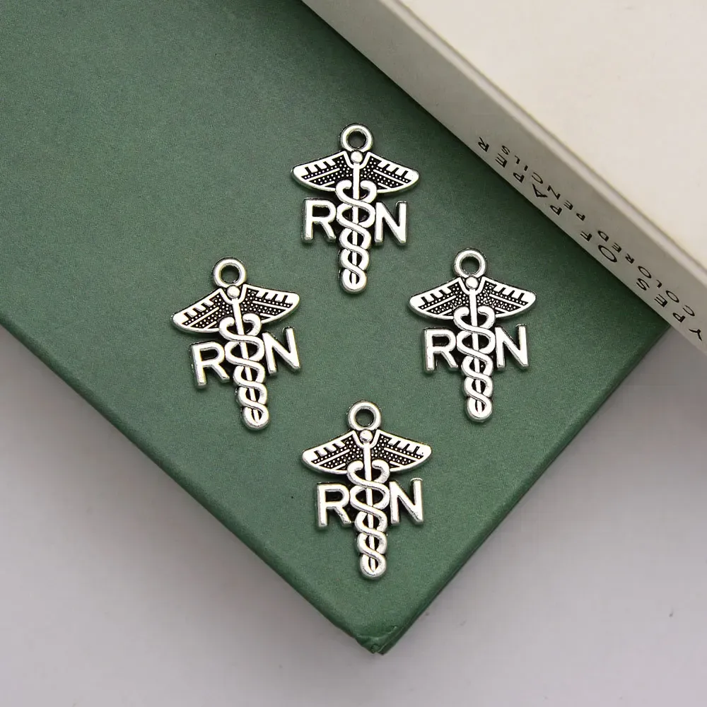 30pcs/lot--15x20mm Antique Silver Plated RN Charms Caduceus Medical Symbol Pendant For Jewelry Making Supplies Diy Earring Craft