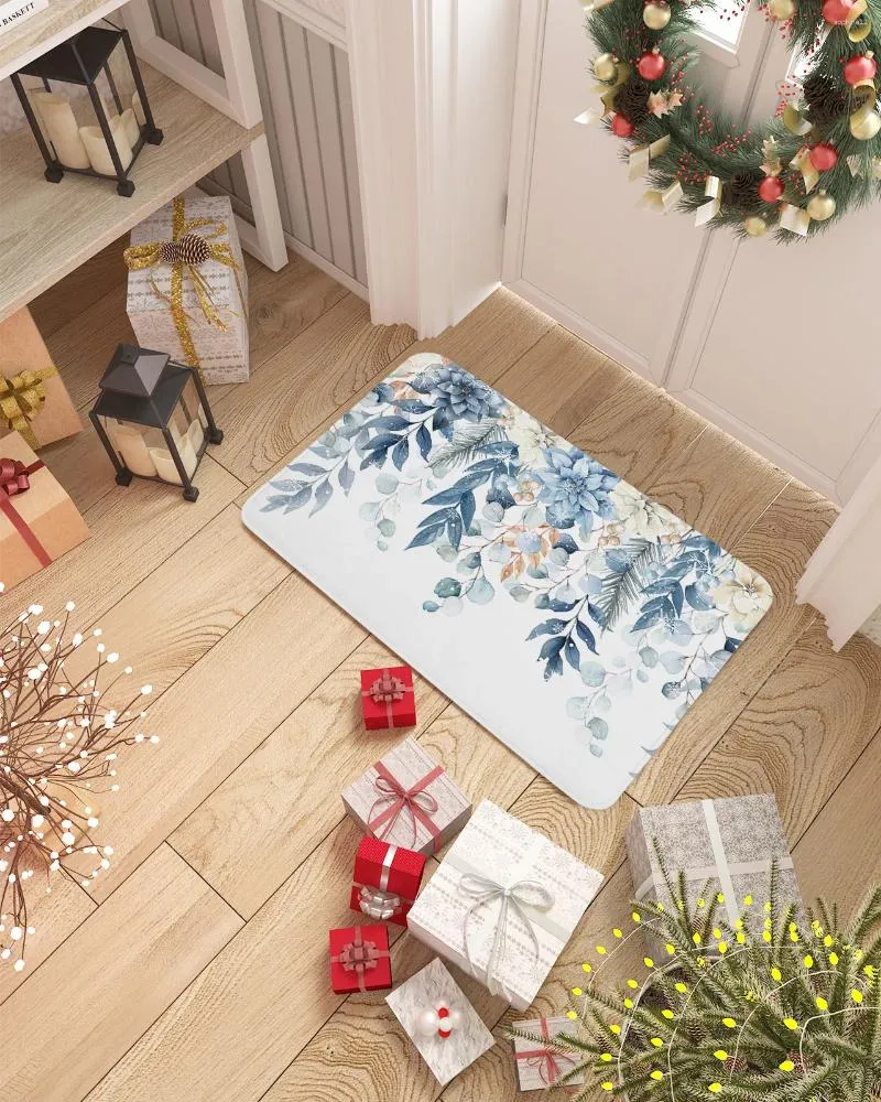 Carpets Christmas Winter Poinsettia Eucalyptus Leaves Doormat Home Decorations Carpet Navidad Ornament Year Xmas Party Decor Rug Mat