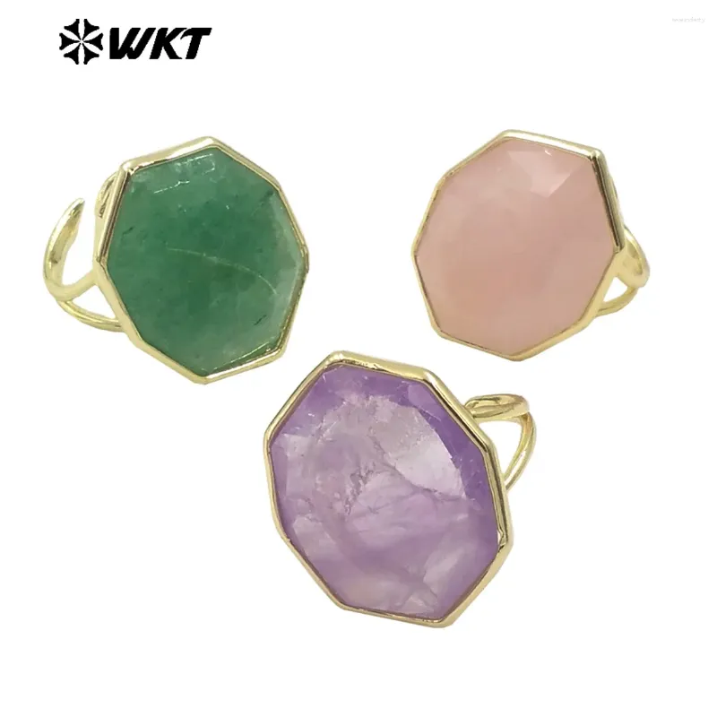 Cluster anneaux WT-R516 Spring Desin Geometric Natural Hexagona Rose Quartz Amethyst Stone Made de fiançailles Ring 10pcs