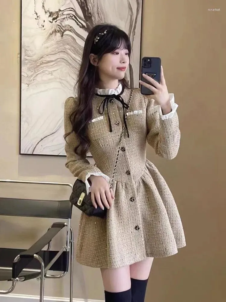 Casual Dresses Korean Style 2024 Sweet Elegant Slim Waist Women S Autumn Fashion Ruffled Bow Single Breasted Female Mini