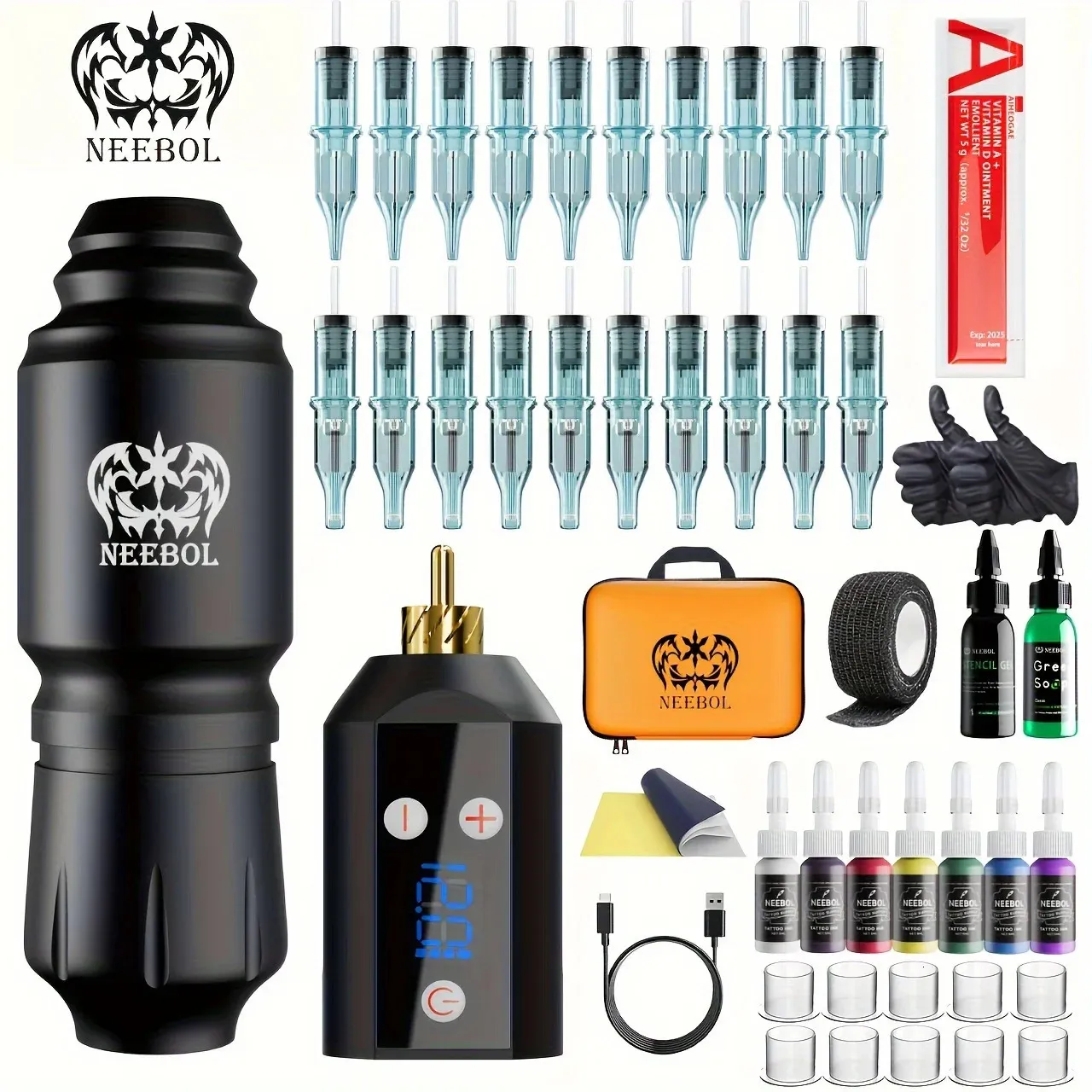 Kit de tatouage sans fil 1set complet pistolet court avec alimentation sans fil 20pcs cartouche aiguilles 240327